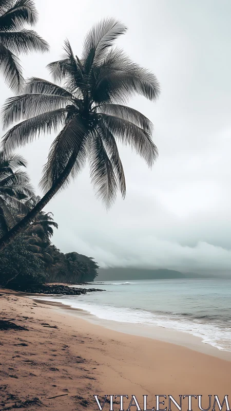 Tropical Coastal Landscape with Palmae Silhouette Against Overcast Atmosphere