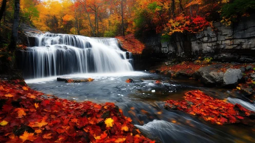 Waterfall flows through forested gorge with dense autumn foliage
