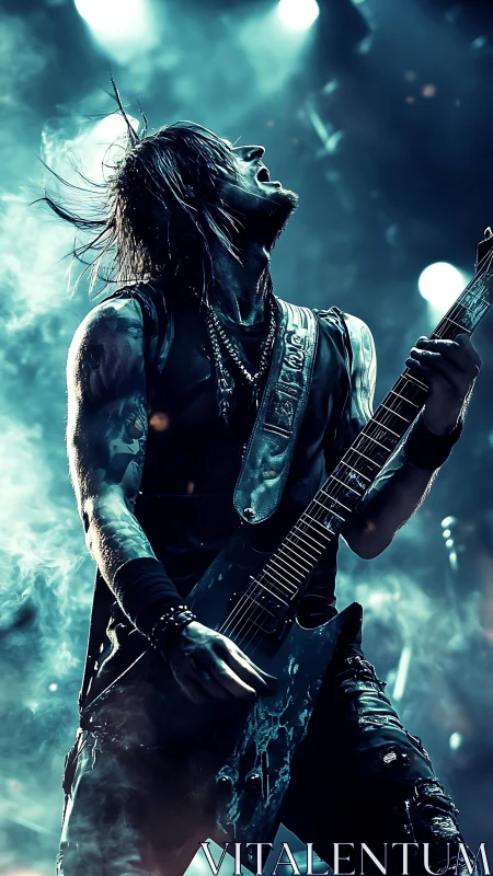 Electrifying metal guitarist shredding under smoky stage lights.