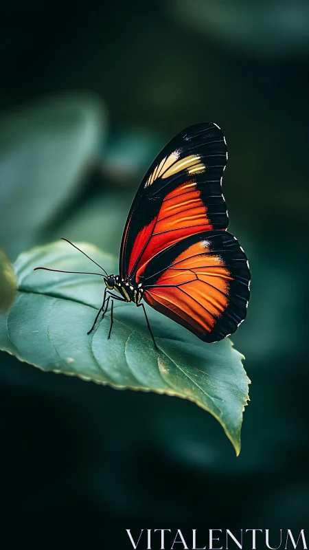 Macro study of red-black butterfly on leaf with shallow depth of field