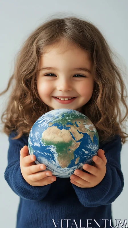 Young child holding Earth globe with joyful expression