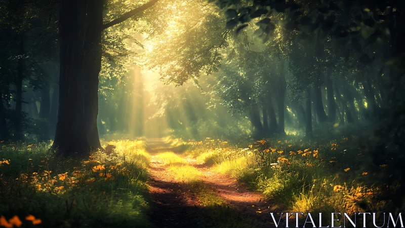 Sunlit Forest Path with Wildflowers in Dreamy Morning Light.