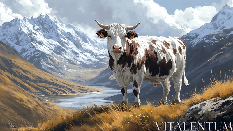 Gentle mountain cow enjoys a peaceful highland valley view