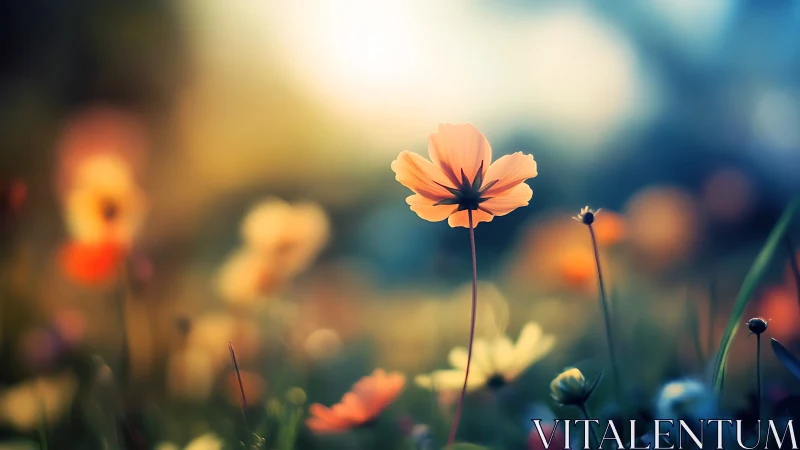 Orange cosmos flower in shallow focus field with warm sunlight