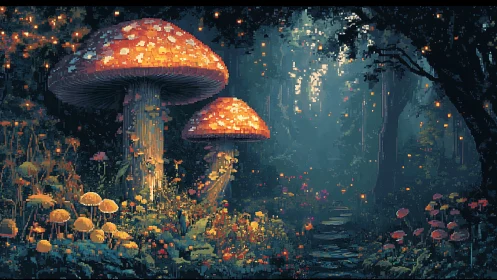 Glowing forest mushrooms illuminate a dreamy pixel night
