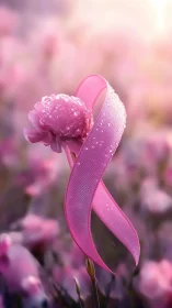 Pink Peony with Ribbon Among Blurred Flowers