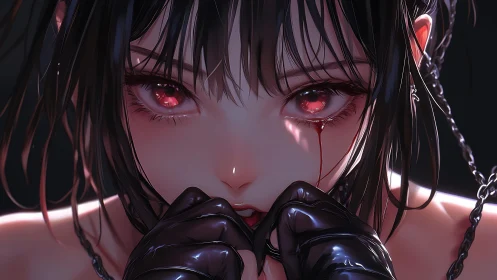 Crimson-eyed girl in chains with glossy gloves and tears.