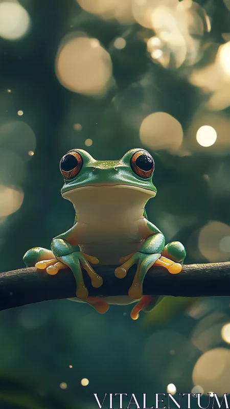 Bright eyed tree frog rests on a branch in dreamy light