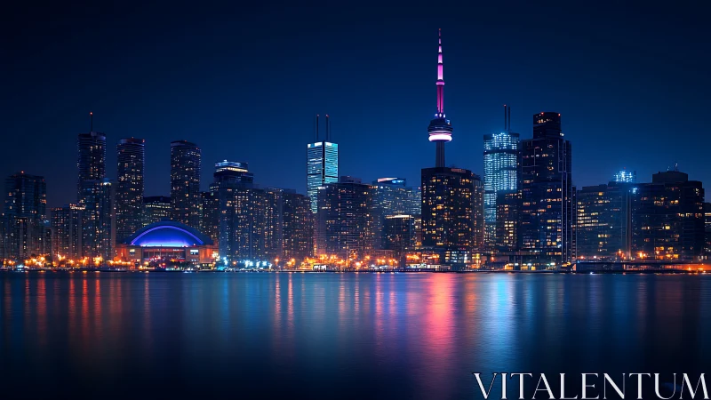 Illuminated city skyline reflects across calm harbor water