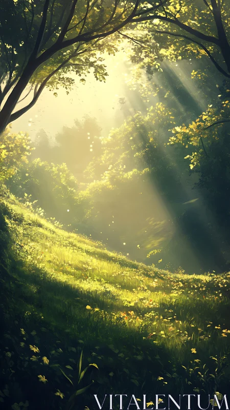 Sunlit forest slope glows gently under drifting golden haze