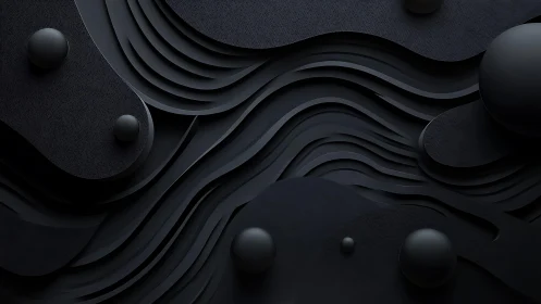 Abstract 3D Black Layered Waves and Spheres, Modern Minimalist Art.
