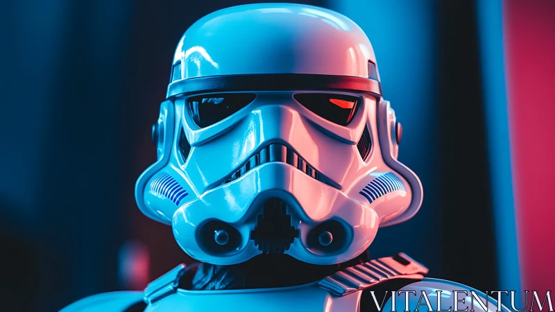 Helmeted sci-fi trooper portrait in neon rim lighting profile.