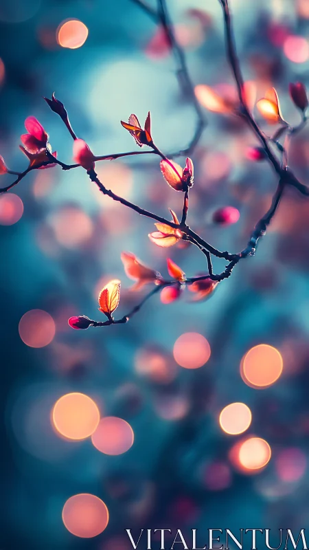 Glowing spring blossoms illuminate dark branches against dreamy bokeh.