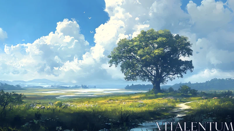 Solitary tree stands in illuminated meadow under dense clouds