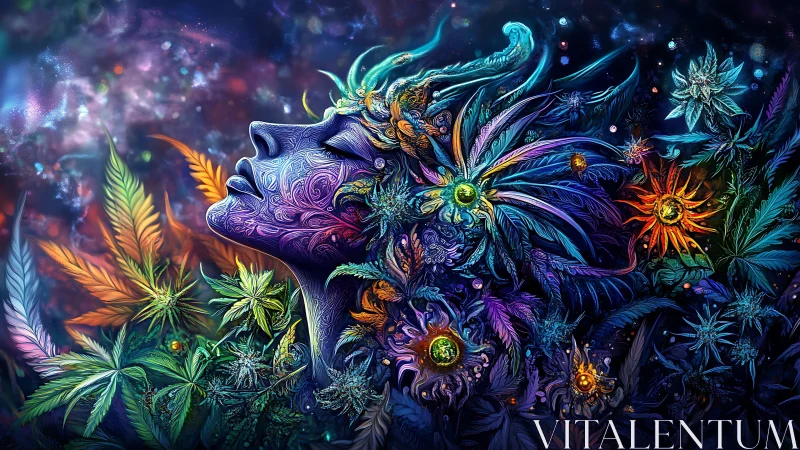 Cosmic female figure merged with luminous psychedelic flora.