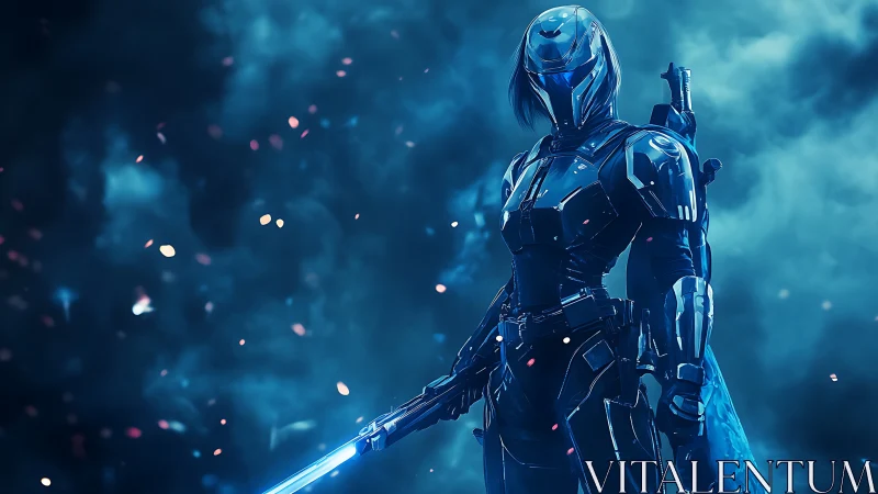 Armored cyber warrior with blue energy blade in smoke.