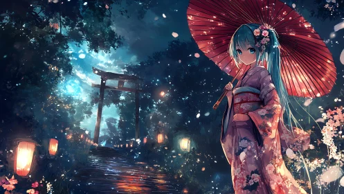 Moonlit kimono stroll welcomes gentle night by lantern light