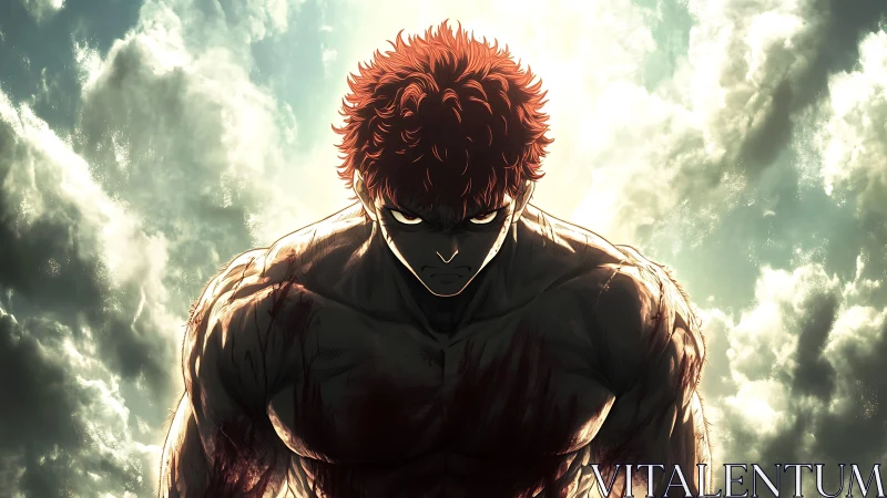 Stormlit warrior rises, bloodstained muscles blazing skyward.