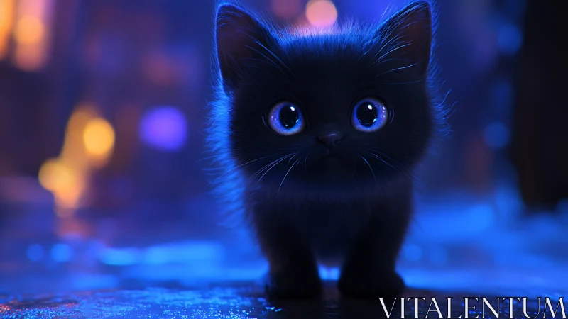 Black Kitten with Luminescent Blue Eyes in Neon Urban Environment.
