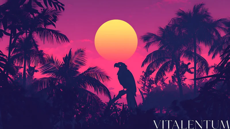 Neon jungle parrot brooding beneath an electric sunset orb.