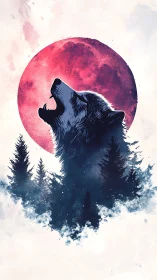 Howling wolf silhouette overlays forest under red full moon