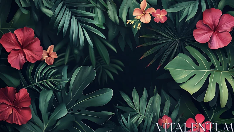 Tropical foliage and hibiscus flowers on dark background.