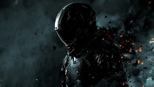 Armored figure in helmet stands amid disintegrating fragments