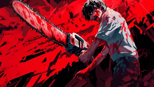 Bloodstained anime man wielding large chainsaw in red chaos.