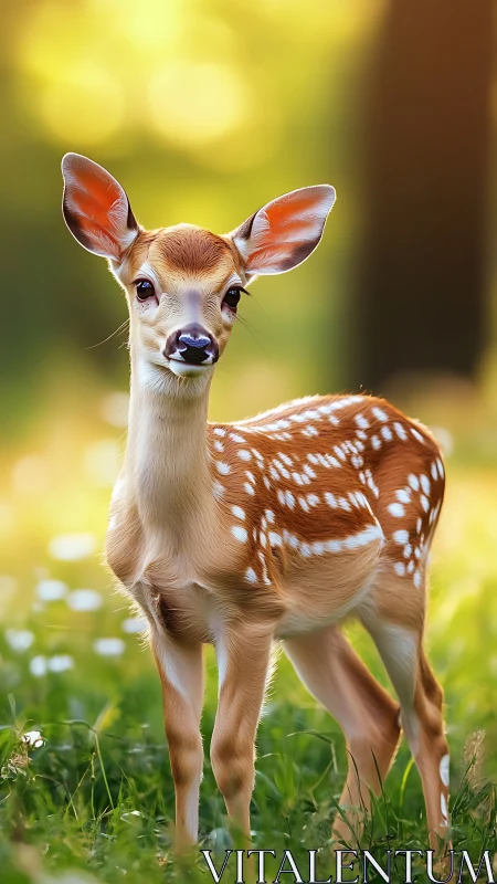 Photorealistic fawn study with shallow depth of field bokeh.