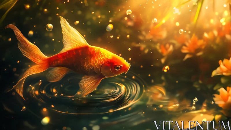 Gilded koi drifts through sunlit ripples and floral shimmer.
