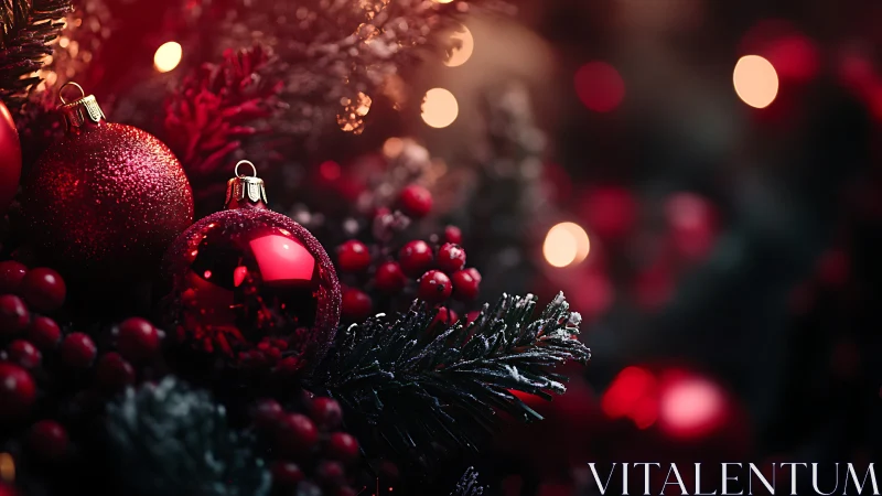 Red Christmas baubles glow among frosted evergreen branches