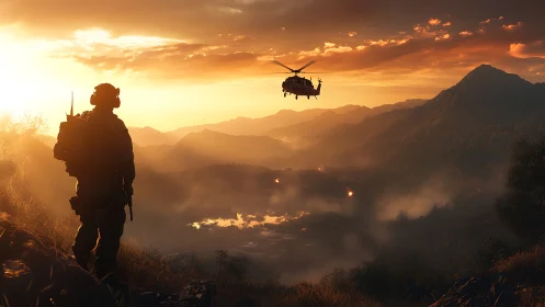 Silhouetted soldier observing helicopter over valley at dusk.