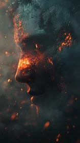 Volcanic human profile rendered in ember fractured chiaroscuro.