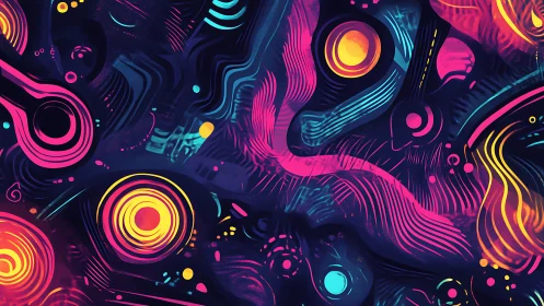 Neon abstract composition shows circular shapes and flowing lines