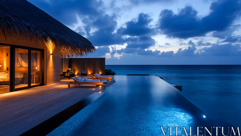 Oceanfront villa terrace overlooks illuminated infinity pool
