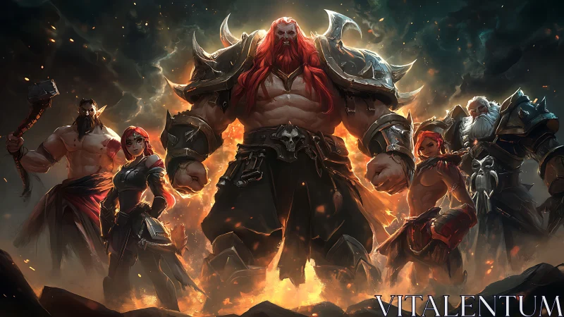 Fierce fantasy warriors standing united in glowing embers.