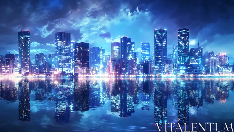 Neon coastal skyline reflects across calm midnight water.