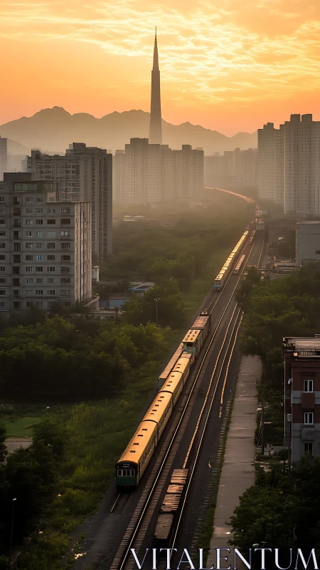 Sunrise paints rail lines gold beneath the watchful spire