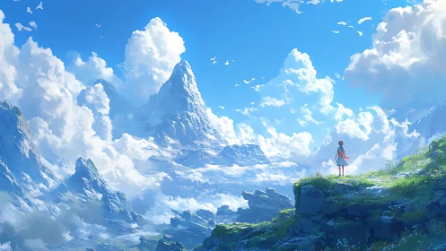 Girl on a sky-high meadow gazing toward dreamlike peaks.