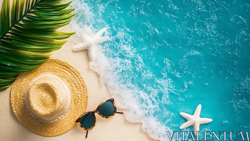 Sunny beach day with straw hat, starfish, and turquoise sea.