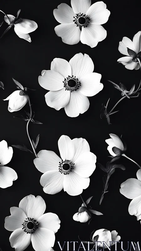 Black and white anemone flowers displayed on dark ground.
