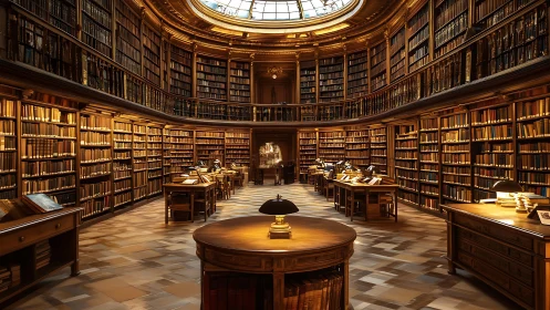 Grand circular library interior glows with warm lamplight
