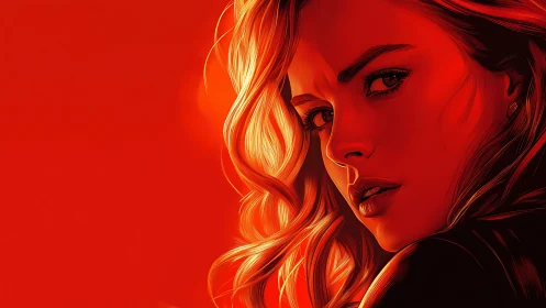 Golden-lit portrait glowing against a bold red backdrop.