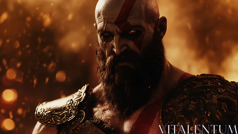 Cinematic warrior close up with molten bokeh and embossed armor