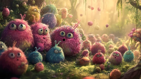 Furry pastel forest creatures gathered in soft sunlight.
