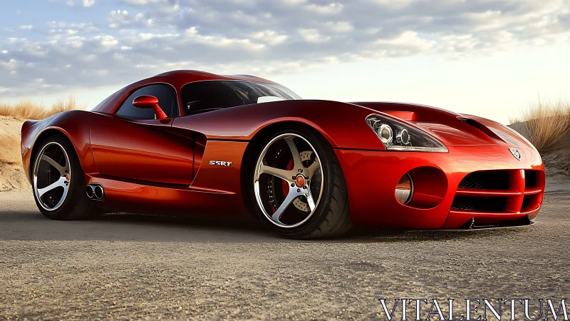 Red sports coupe parked on sandy roadside at sunset.