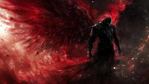 Dark seraphim silhouette in crimson atmospheric digital painting.