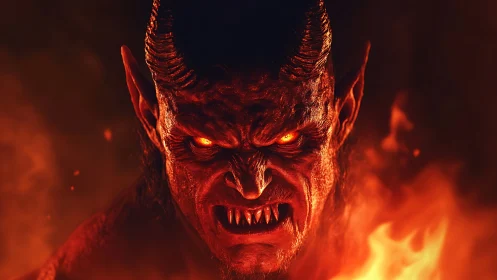 Demonic horned entity emerges from infernal flames in darkness