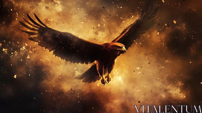Majestic Eagle in Fiery Sky, Digital Art Fantasy Illustration.