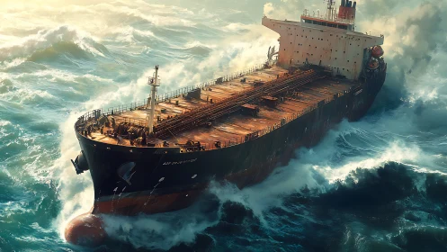 Rust-streaked cargo ship battles towering ocean waves in storm.